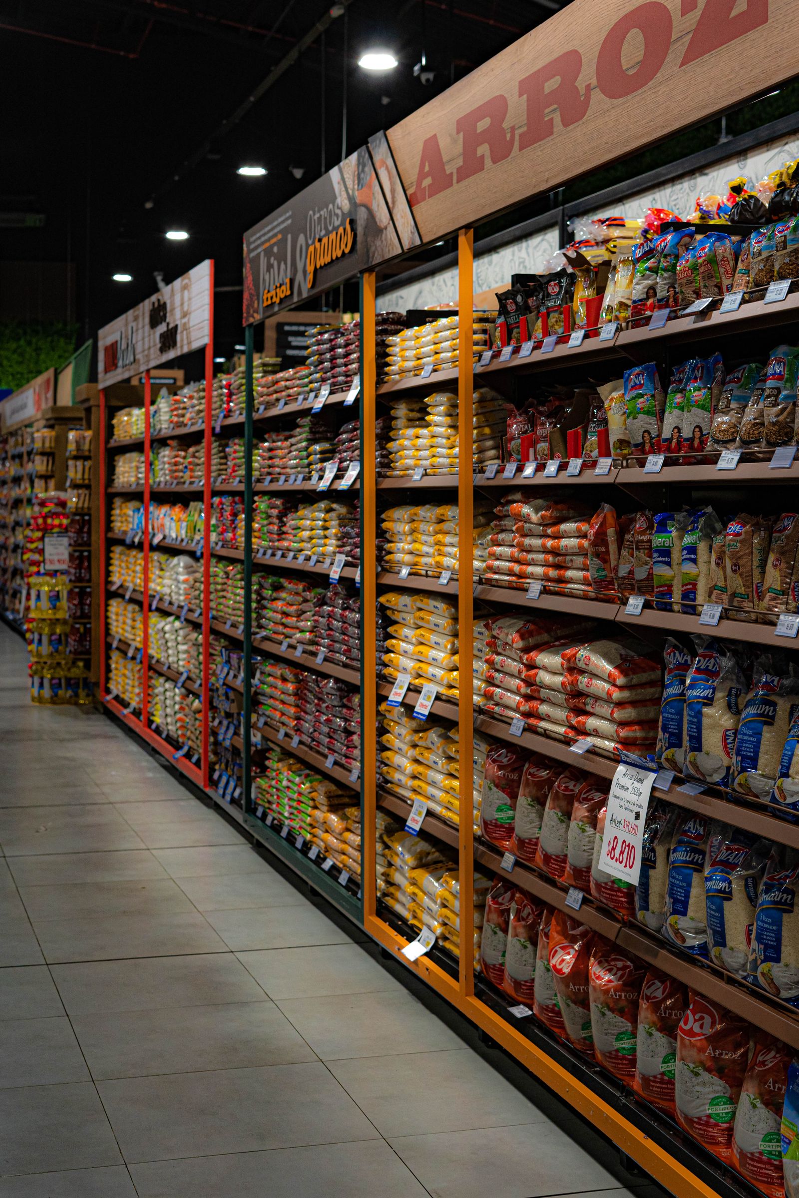 Shelves of pantry products in a grocery store